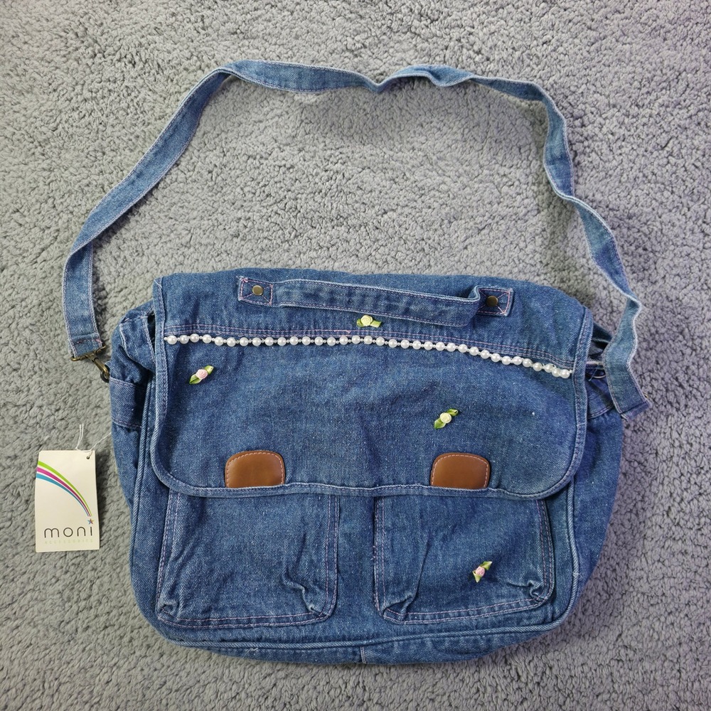 Moni Accessories Denim Messenger Bag Faux Pearl Ribbon Rose Y2K Crossbody Blue